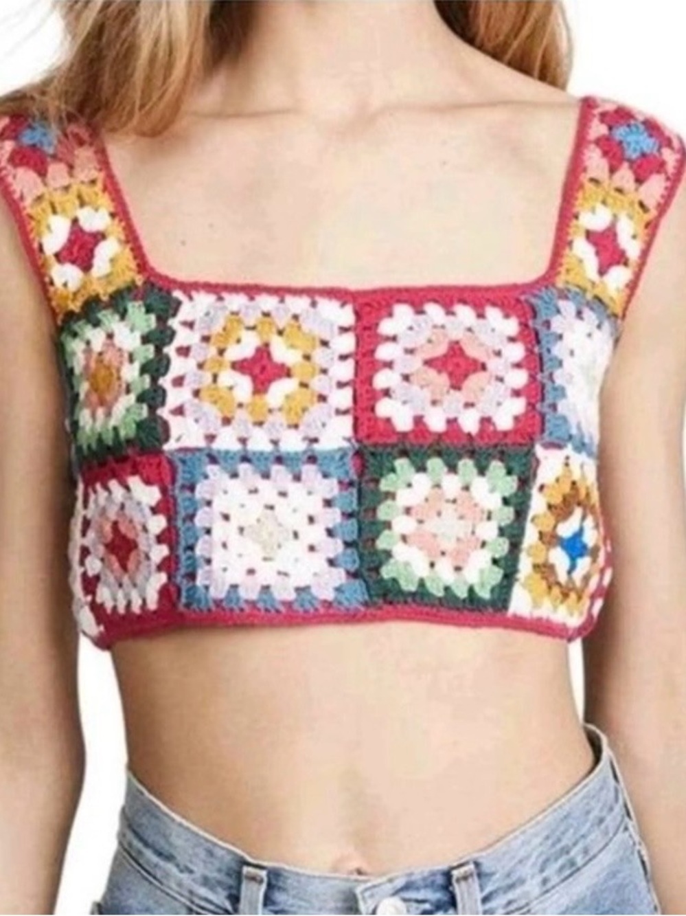 Farm Rio Anthropologie Crochet Cropped Granny Square Pullover Top Shirt XS
